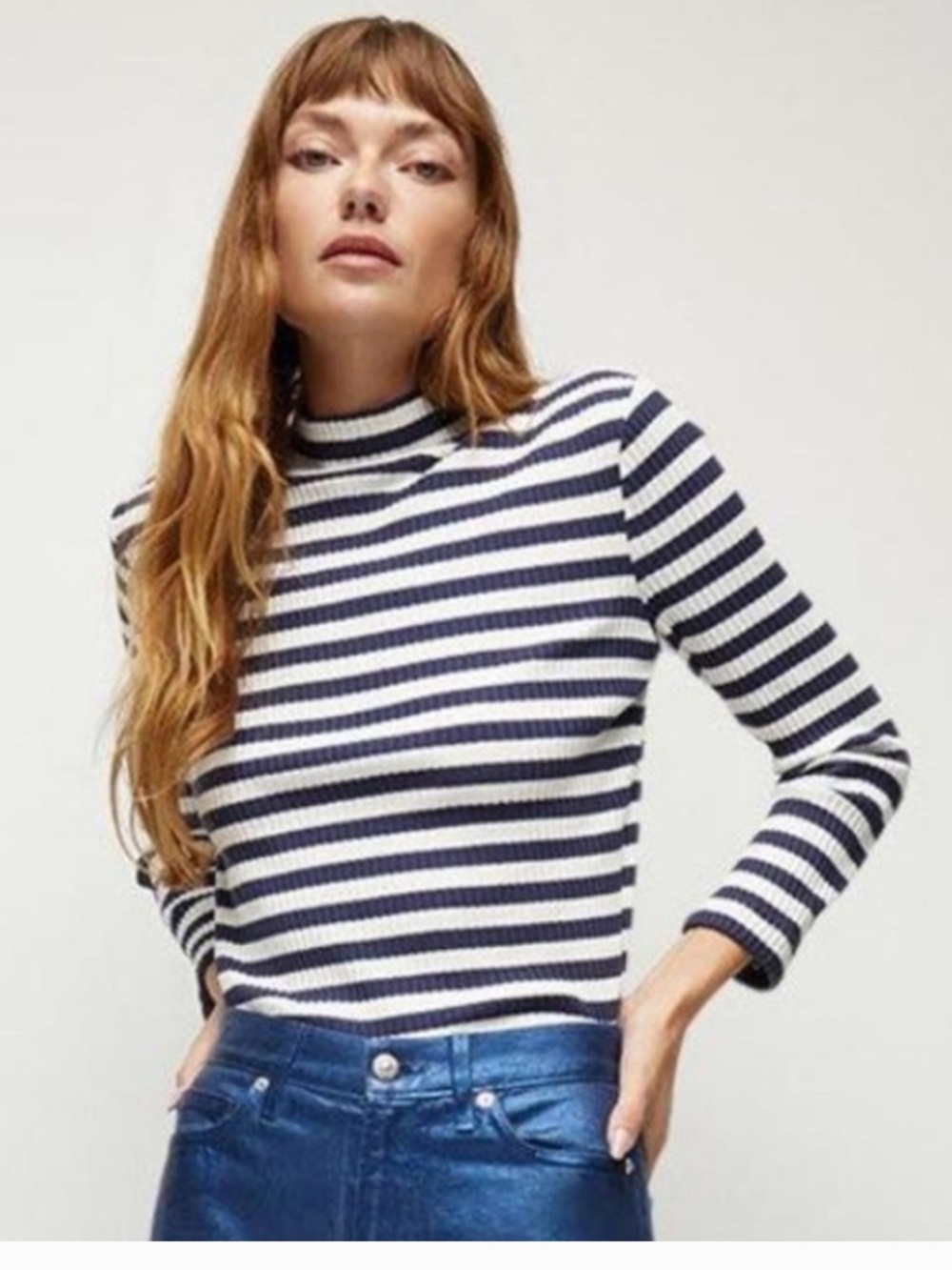 EUC Veronica Beard Top with Navy & White Stripes and Ribbed Mock Neck